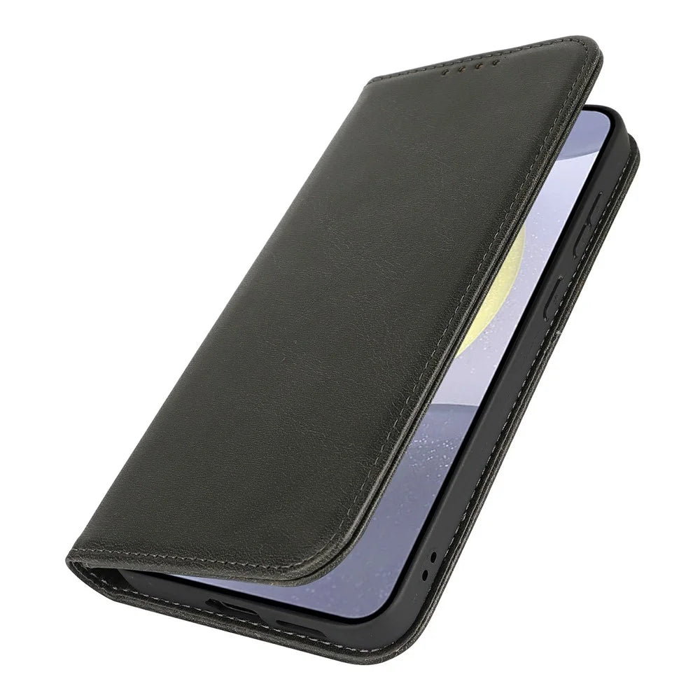 For Samsung Galaxy S25+ Case PU Leather Calf Textured Magnetic Closing Smart Phone Cover - Black - 6