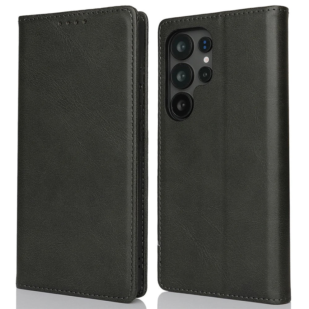 For Samsung Galaxy S25 Ultra Case PU Leather Calf Textured Magnetic Closing Smart Phone Cover - Black - 1