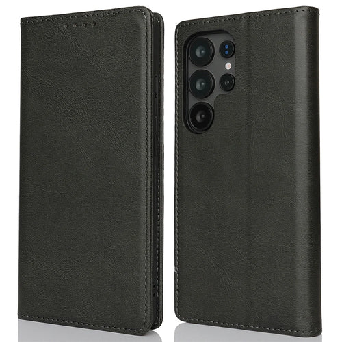 For Samsung Galaxy S25 Ultra Case PU Leather Calf Textured Magnetic Closing Smart Phone Cover - Black - 1