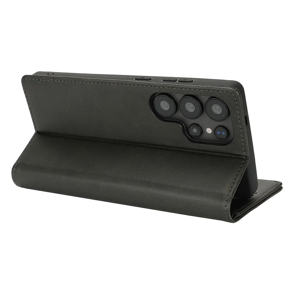 For Samsung Galaxy S25 Ultra Case PU Leather Calf Textured Magnetic Closing Smart Phone Cover - Black - 3