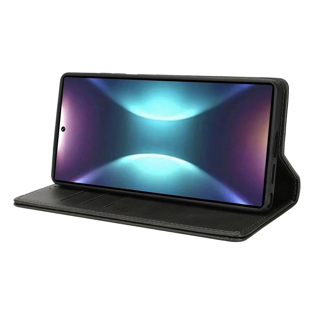 For Samsung Galaxy S25 Ultra Case PU Leather Calf Textured Magnetic Closing Smart Phone Cover - Black - 4