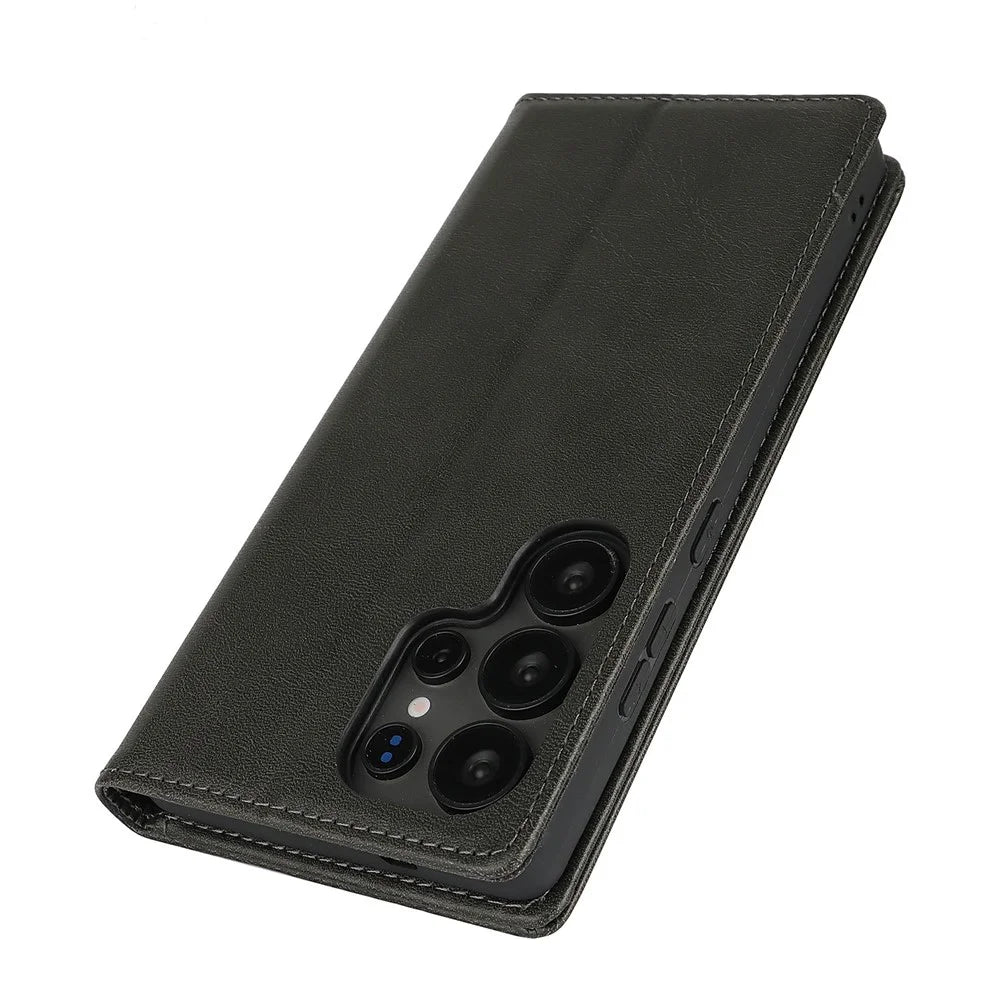 For Samsung Galaxy S25 Ultra Case PU Leather Calf Textured Magnetic Closing Smart Phone Cover - Black - 5