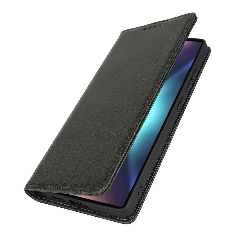 For Samsung Galaxy S25 Ultra Case PU Leather Calf Textured Magnetic Closing Smart Phone Cover - Black - 6