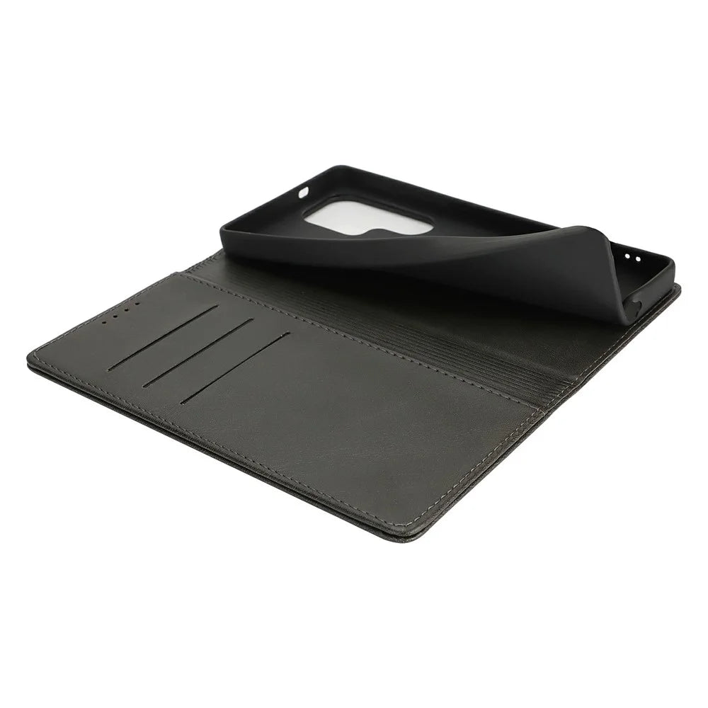 For Samsung Galaxy S25 Ultra Case PU Leather Calf Textured Magnetic Closing Smart Phone Cover - Black - 7
