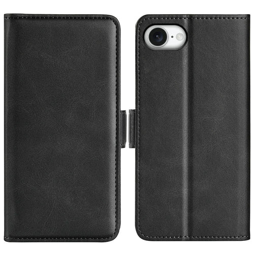 For iPhone 17e / 16e Stand Case Calf Texture Leather Wallet Phone Cover - Black - 1