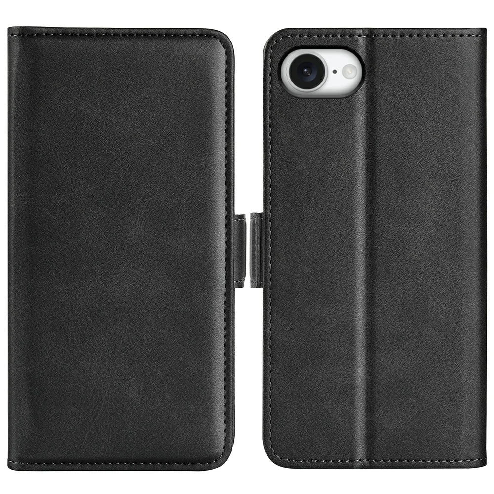 For iPhone 17e / 16e Stand Case Calf Texture Leather Wallet Phone Cover - Black - 1