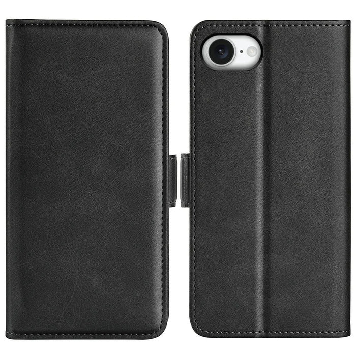 For iPhone 17e / 16e Stand Case Calf Texture Leather Wallet Phone Cover - Black - 1