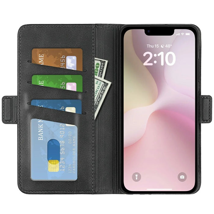 For iPhone 17e / 16e Stand Case Calf Texture Leather Wallet Phone Cover - Black - 2