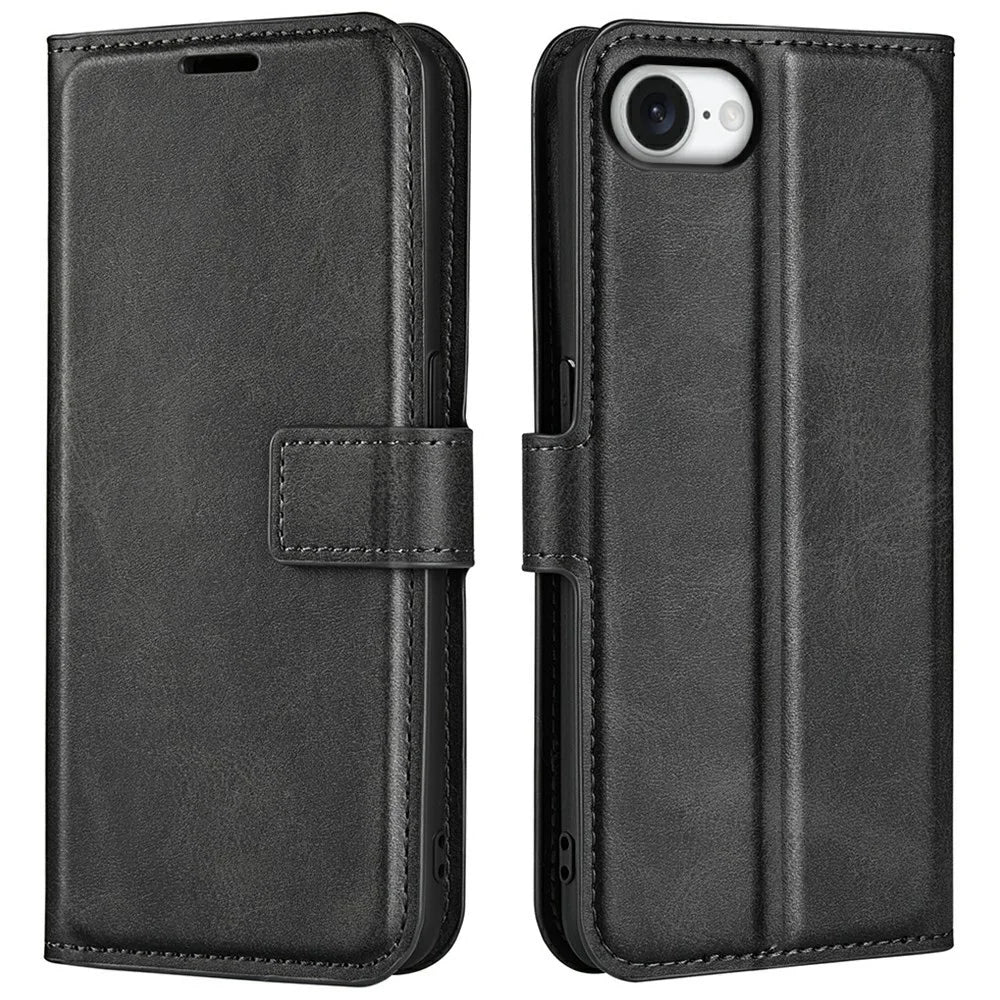 For iPhone 17e / 16e Stand Case Anti-Scratch Calf Texture Leather Phone Cover - Black - 1