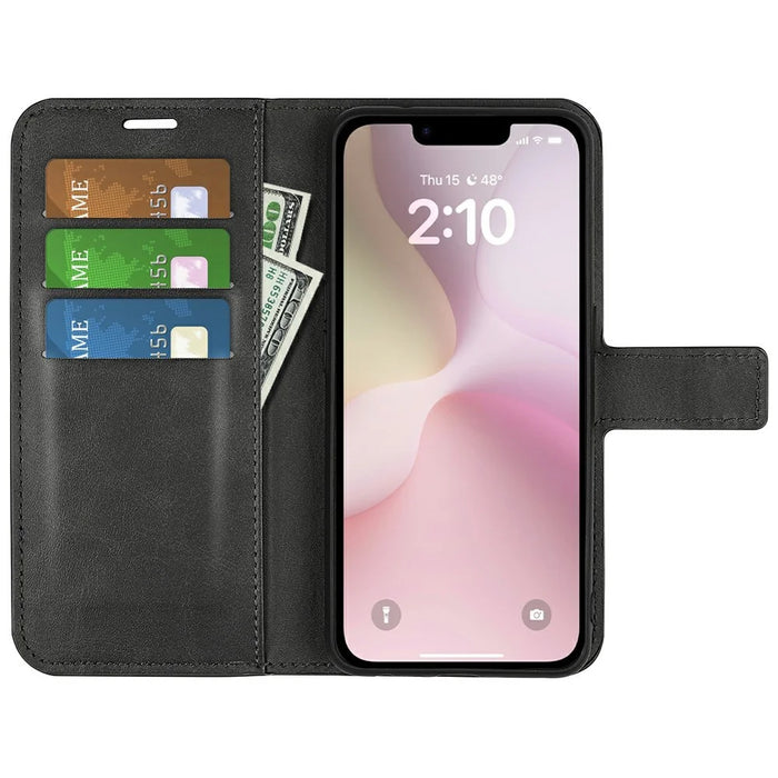 For iPhone 17e / 16e Stand Case Anti-Scratch Calf Texture Leather Phone Cover - Black - 2