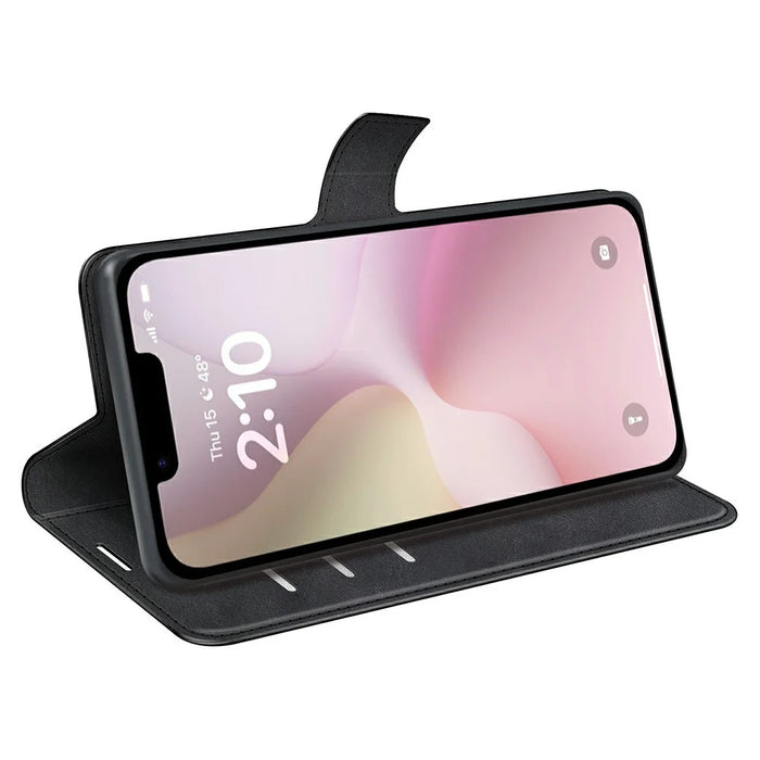 For iPhone 17e / 16e Stand Case Anti-Scratch Calf Texture Leather Phone Cover - Black - 3