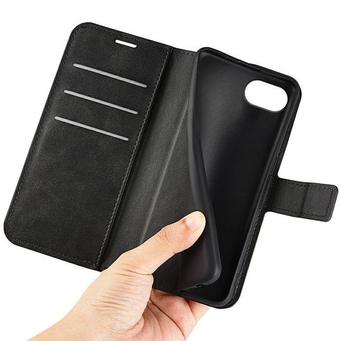 For iPhone 17e / 16e Stand Case Anti-Scratch Calf Texture Leather Phone Cover - Black - 4