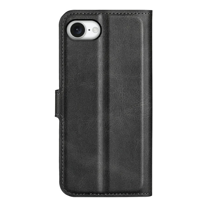 For iPhone 17e / 16e Stand Case Anti-Scratch Calf Texture Leather Phone Cover - Black - 6