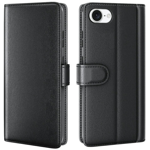 For iPhone 17e / 16e Case Genuine Split Leather Phone Cover with Wallet Stand - Black - 1