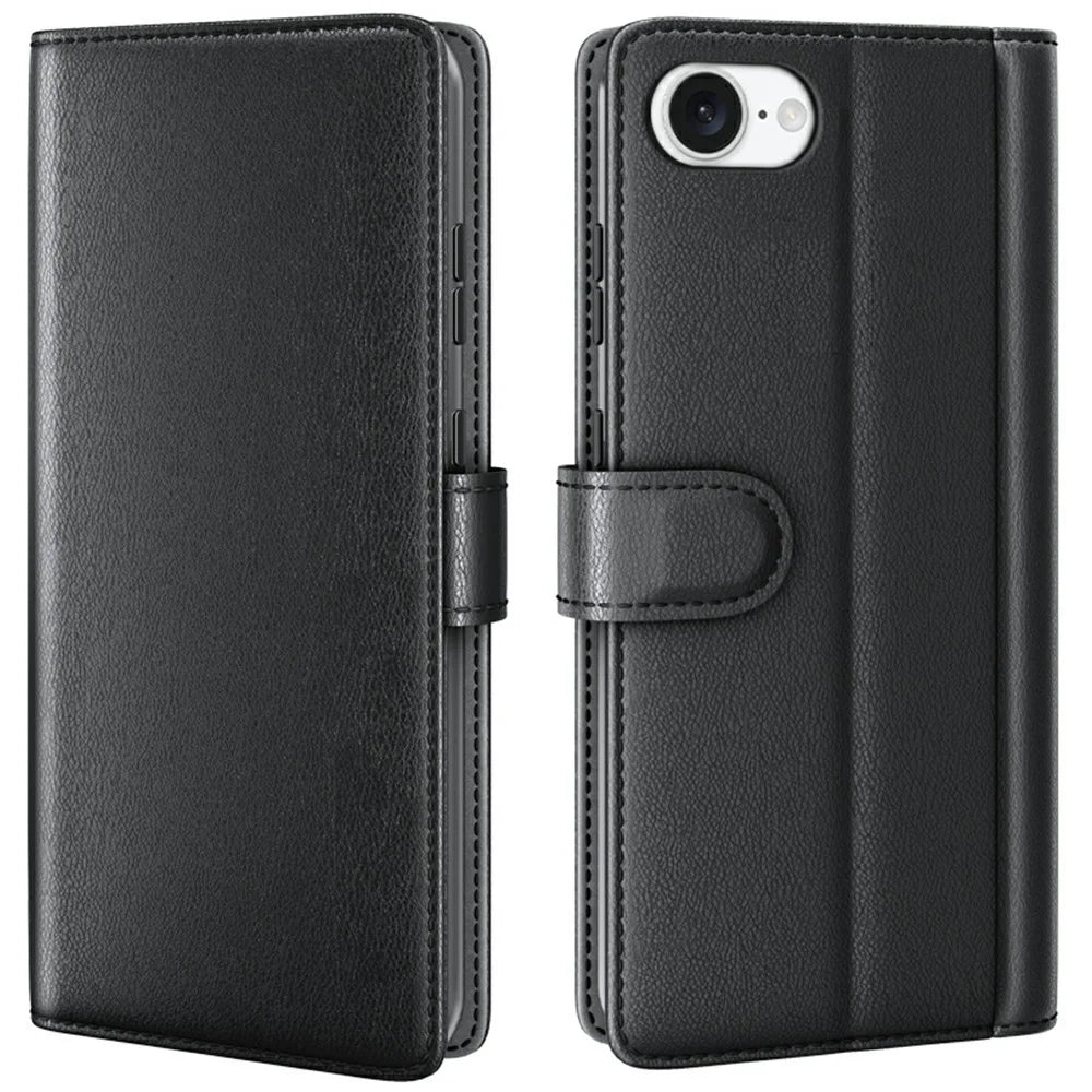 For iPhone 17e / 16e Case Genuine Split Leather Phone Cover with Wallet Stand - Black - 1