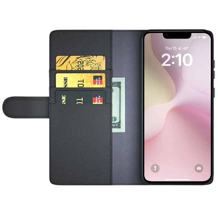 For iPhone 17e / 16e Case Genuine Split Leather Phone Cover with Wallet Stand - Black - 2