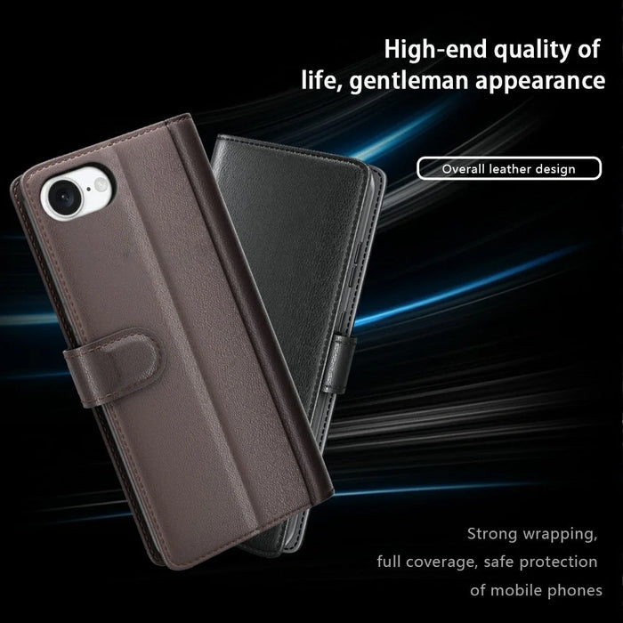 For iPhone 17e / 16e Case Genuine Split Leather Phone Cover with Wallet Stand - Black - 4