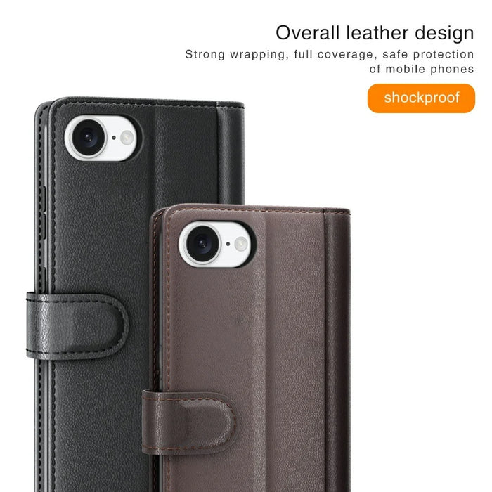 For iPhone 17e / 16e Case Genuine Split Leather Phone Cover with Wallet Stand - Black - 5