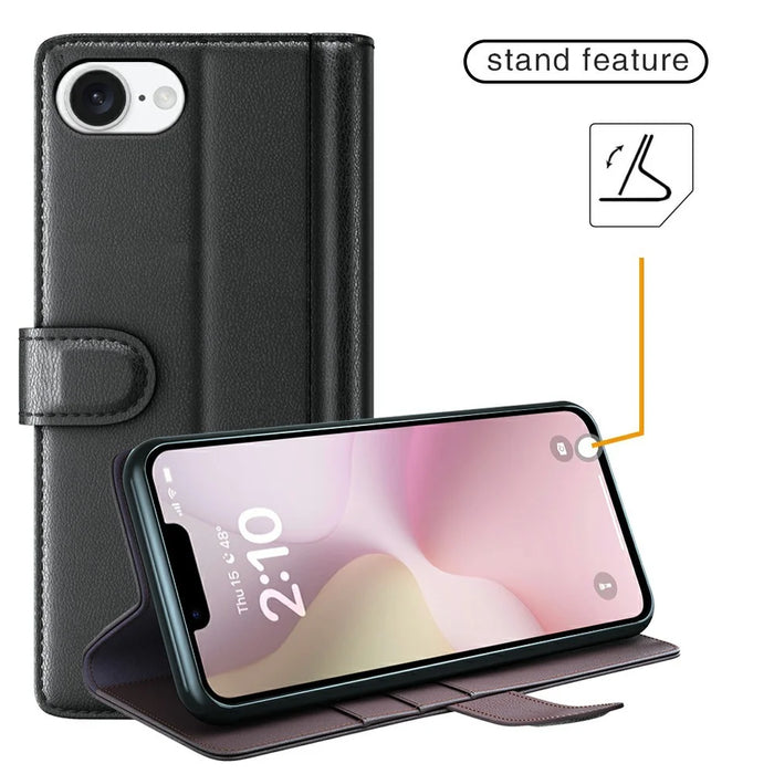 For iPhone 17e / 16e Case Genuine Split Leather Phone Cover with Wallet Stand - Black - 6