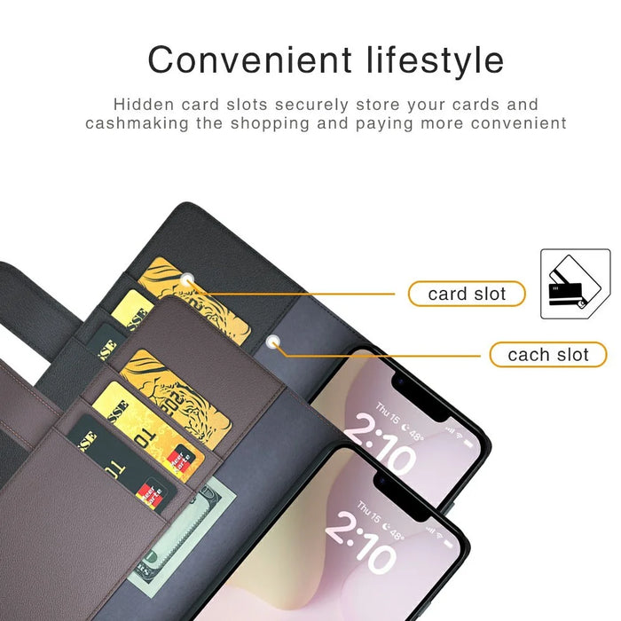For iPhone 17e / 16e Case Genuine Split Leather Phone Cover with Wallet Stand - Black - 7