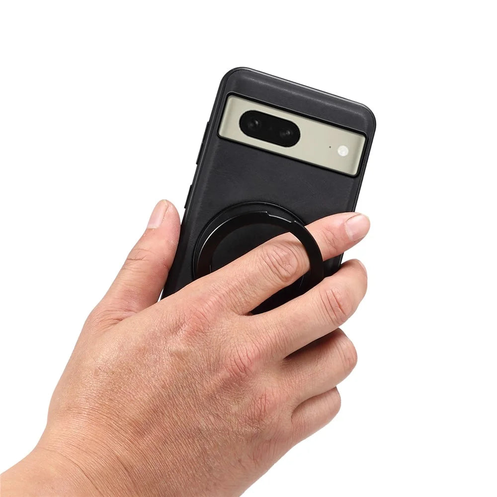 DENIOR A14 For Google Pixel 8 Magnetic Case Rotary Kickstand Leather PC TPU Phone Cover - Black - 5
