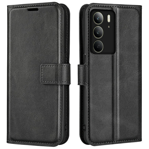 For Realme C75 4G Stand Case Anti-Scratch Calf Texture Leather Phone Cover - Black - 1