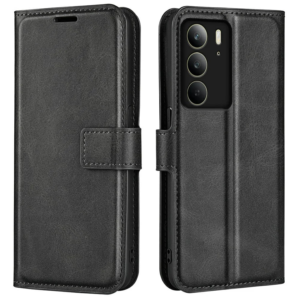 For Realme C75 4G Stand Case Anti-Scratch Calf Texture Leather Phone Cover - Black - 1