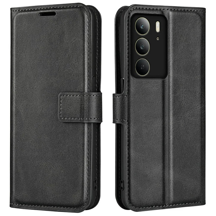For Realme C75 4G Stand Case Anti-Scratch Calf Texture Leather Phone Cover - Black - 1
