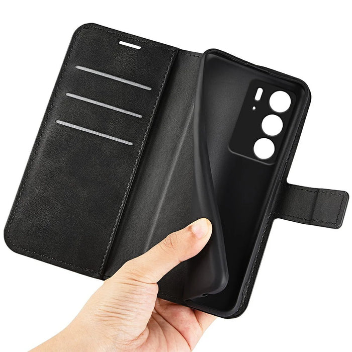 For Realme C75 4G Stand Case Anti-Scratch Calf Texture Leather Phone Cover - Black - 4