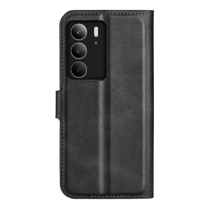 For Realme C75 4G Stand Case Anti-Scratch Calf Texture Leather Phone Cover - Black - 6