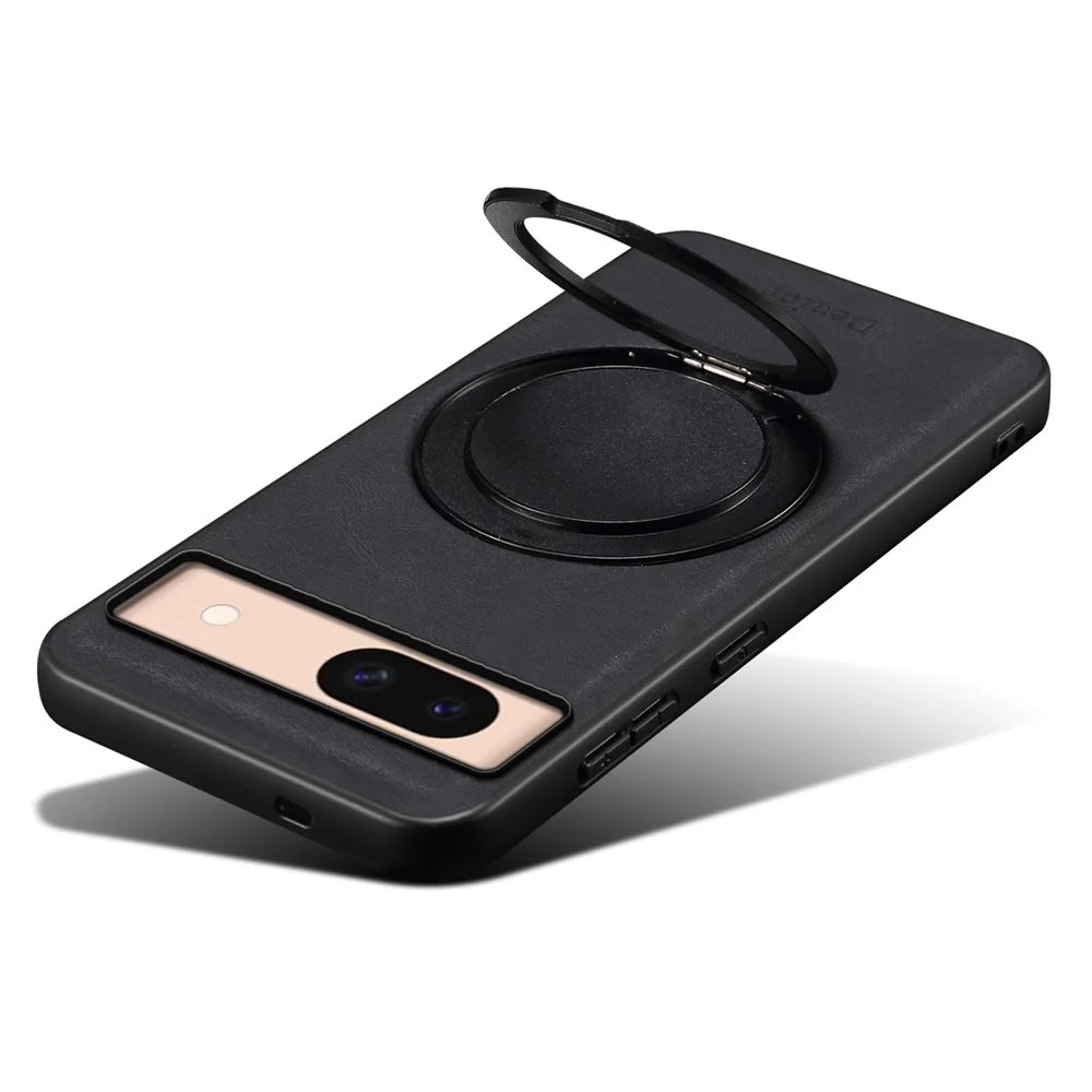 DENIOR A14 For Google Pixel 8a Magnetic Case Rotary Kickstand Leather PC TPU Phone Cover - Black - 4
