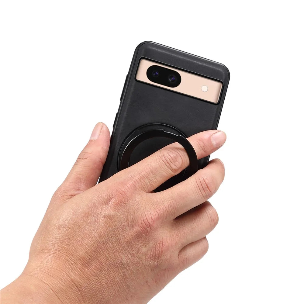 DENIOR A14 For Google Pixel 8a Magnetic Case Rotary Kickstand Leather PC TPU Phone Cover - Black - 5