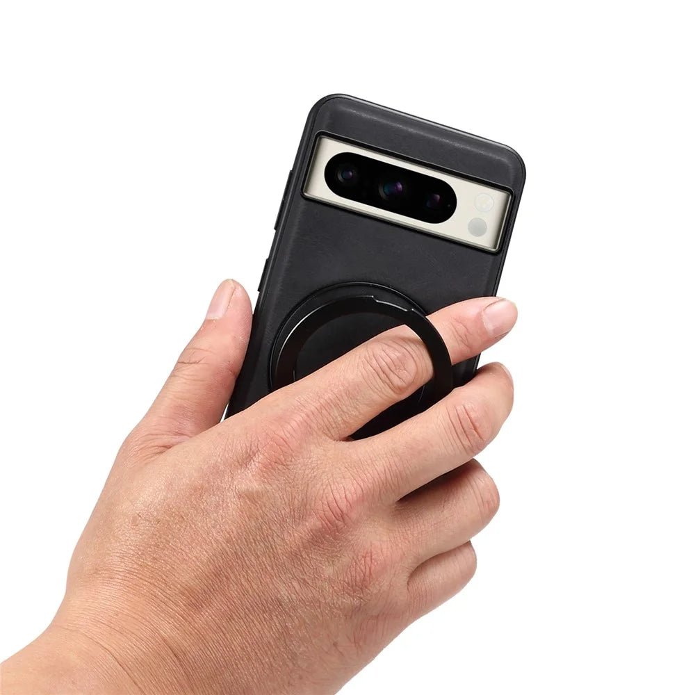 DENIOR A14 For Google Pixel 8 Pro Magnetic Case Rotary Kickstand Leather PC TPU Phone Cover - Black - 5