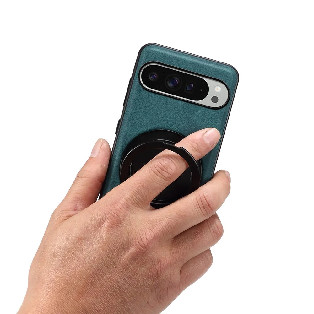 DENIOR A14 For Google Pixel 9 Pro XL Magnetic Case Rotary Kickstand Leather PC TPU Phone Cover - Blue - 5