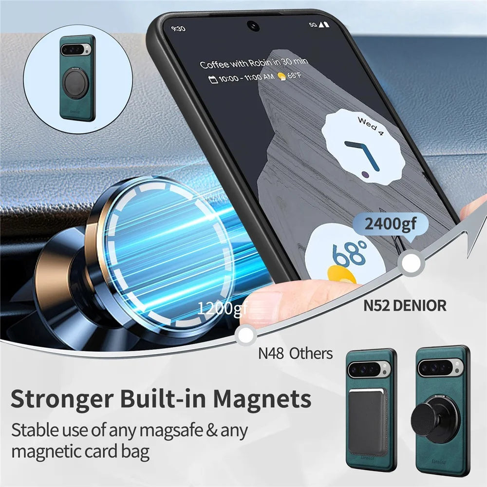 DENIOR A14 For Google Pixel 9 Pro XL Magnetic Case Rotary Kickstand Leather PC TPU Phone Cover - Blue - 6