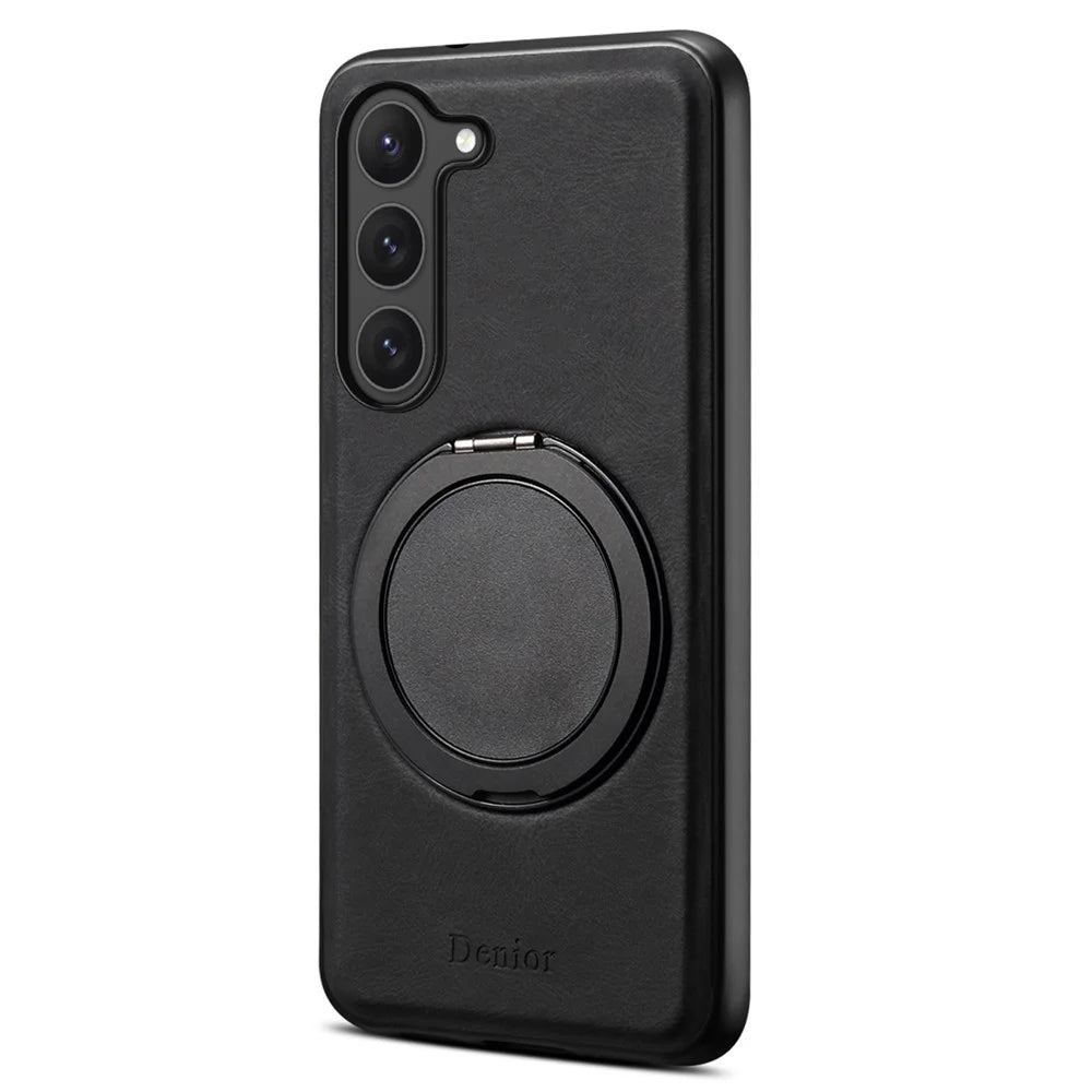 DENIOR A14 For Samsung Galaxy S23 Magnetic Case Rotary Kickstand Leather PC TPU Phone Cover - Black - 1