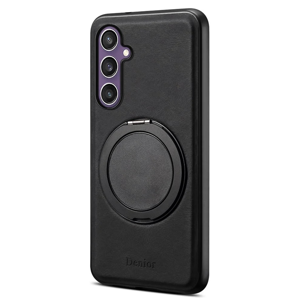 DENIOR A14 For Samsung Galaxy S23 FE Magnetic Case Rotary Kickstand Leather PC TPU Phone Cover - Black - 1