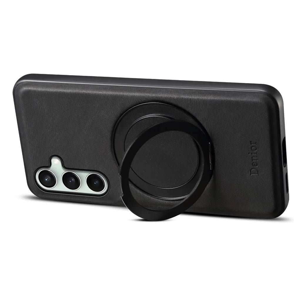 DENIOR A14 For Samsung Galaxy S24 FE Magnetic Case Rotary Kickstand Leather PC TPU Phone Cover - Black - 3
