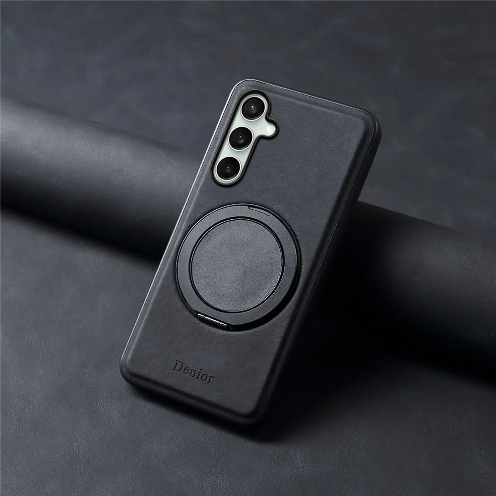 DENIOR A14 For Samsung Galaxy S24 FE Magnetic Case Rotary Kickstand Leather PC TPU Phone Cover - Black - 7