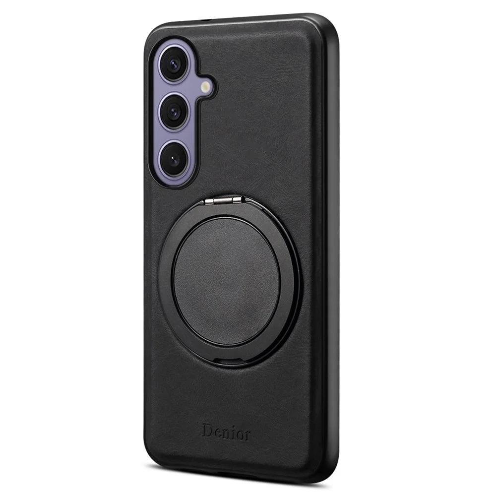 DENIOR A14 For Samsung Galaxy S24+ Magnetic Case Rotary Kickstand Leather PC TPU Phone Cover - Black - 1