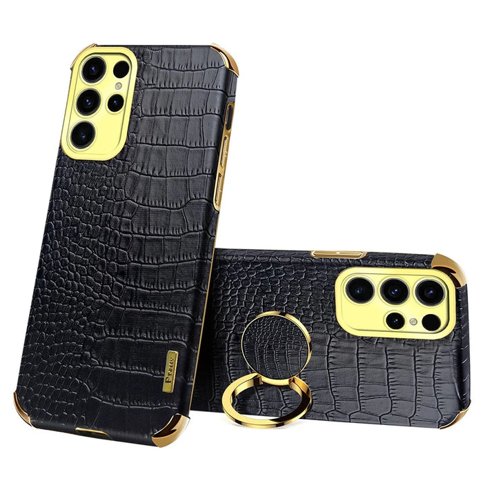 For Samsung Galaxy S25 Ultra Kickstand Case Crocodile Texture TPU + PU Electroplating Phone Cover - Black - 1