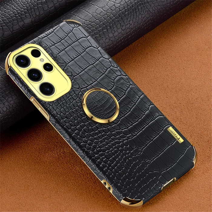 For Samsung Galaxy S25 Ultra Kickstand Case Crocodile Texture TPU + PU Electroplating Phone Cover - Black - 2