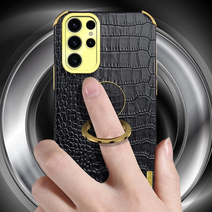 For Samsung Galaxy S25 Ultra Kickstand Case Crocodile Texture TPU + PU Electroplating Phone Cover - Black - 3
