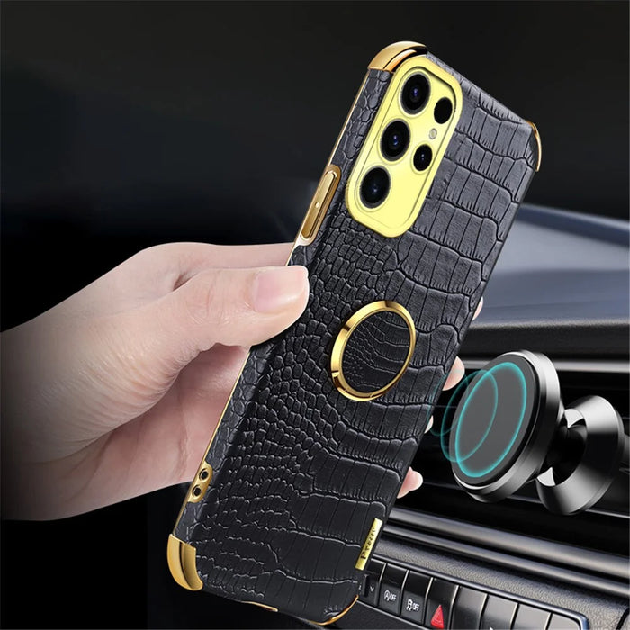 For Samsung Galaxy S25 Ultra Kickstand Case Crocodile Texture TPU + PU Electroplating Phone Cover - Black - 4