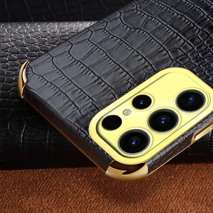 For Samsung Galaxy S25 Ultra Kickstand Case Crocodile Texture TPU + PU Electroplating Phone Cover - Black - 6