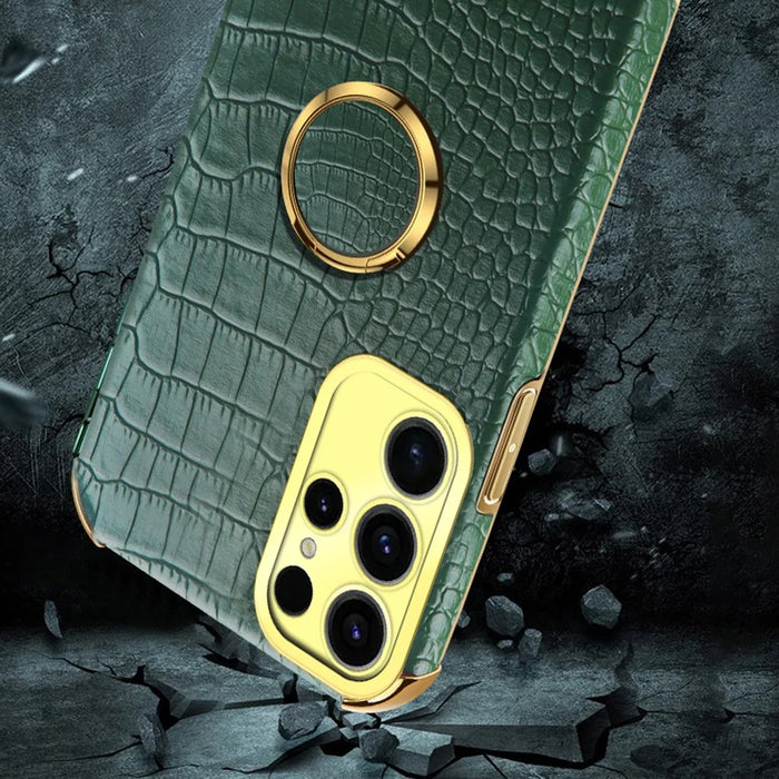 For Samsung Galaxy S25 Ultra Kickstand Case Crocodile Texture TPU + PU Electroplating Phone Cover - Black - 7