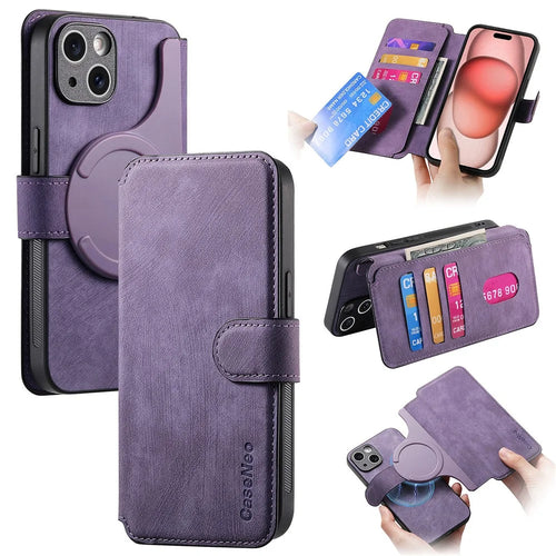 CASENEO For iPhone 14 Plus Magnetic Case  Detachable Leather Phone Wallet Cover - Purple - 1