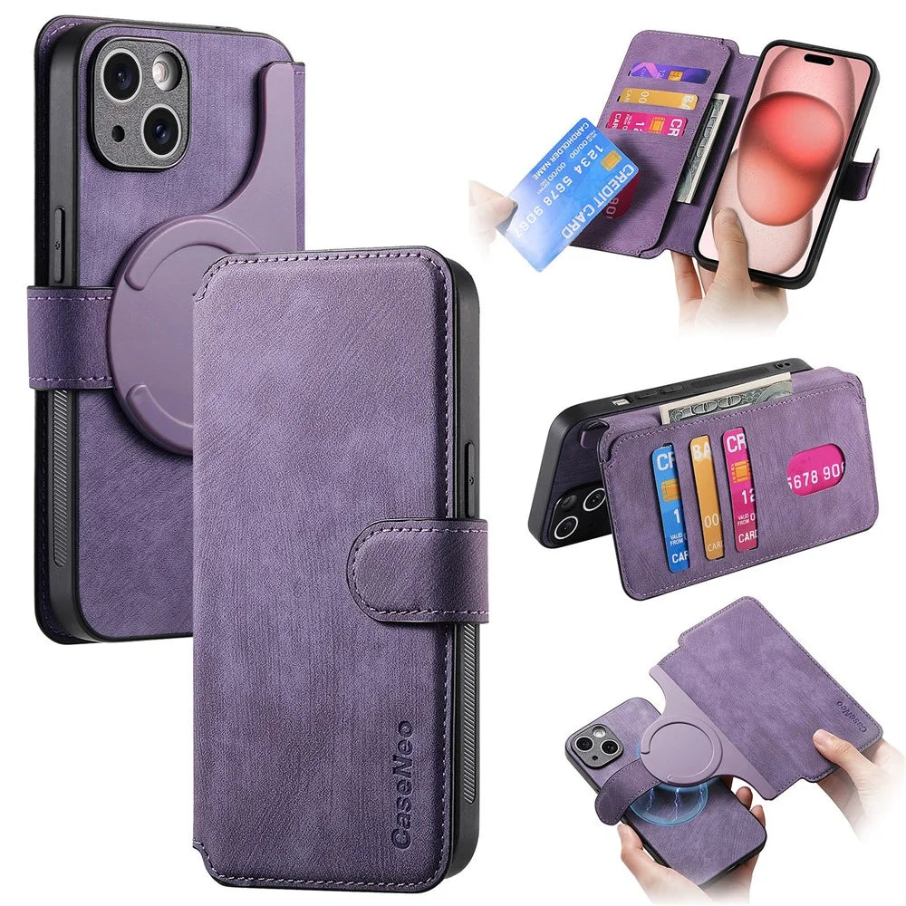 CASENEO For iPhone 15 Plus Magnetic Case  Detachable Leather Phone Wallet Cover - Purple - 1