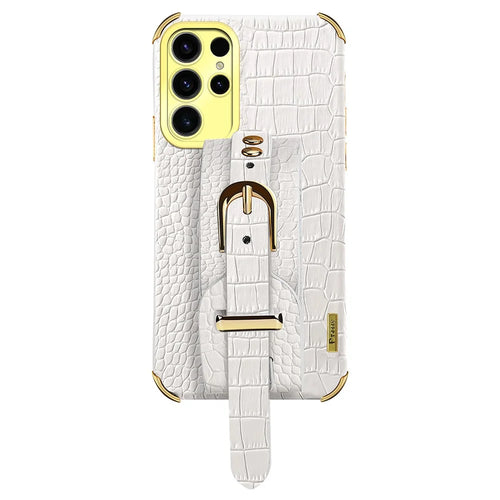 For Samsung Galaxy S25 Ultra Case Wristband Kickstand Crocodile Texture PU + TPU Electroplating Phone Cover - White - 1