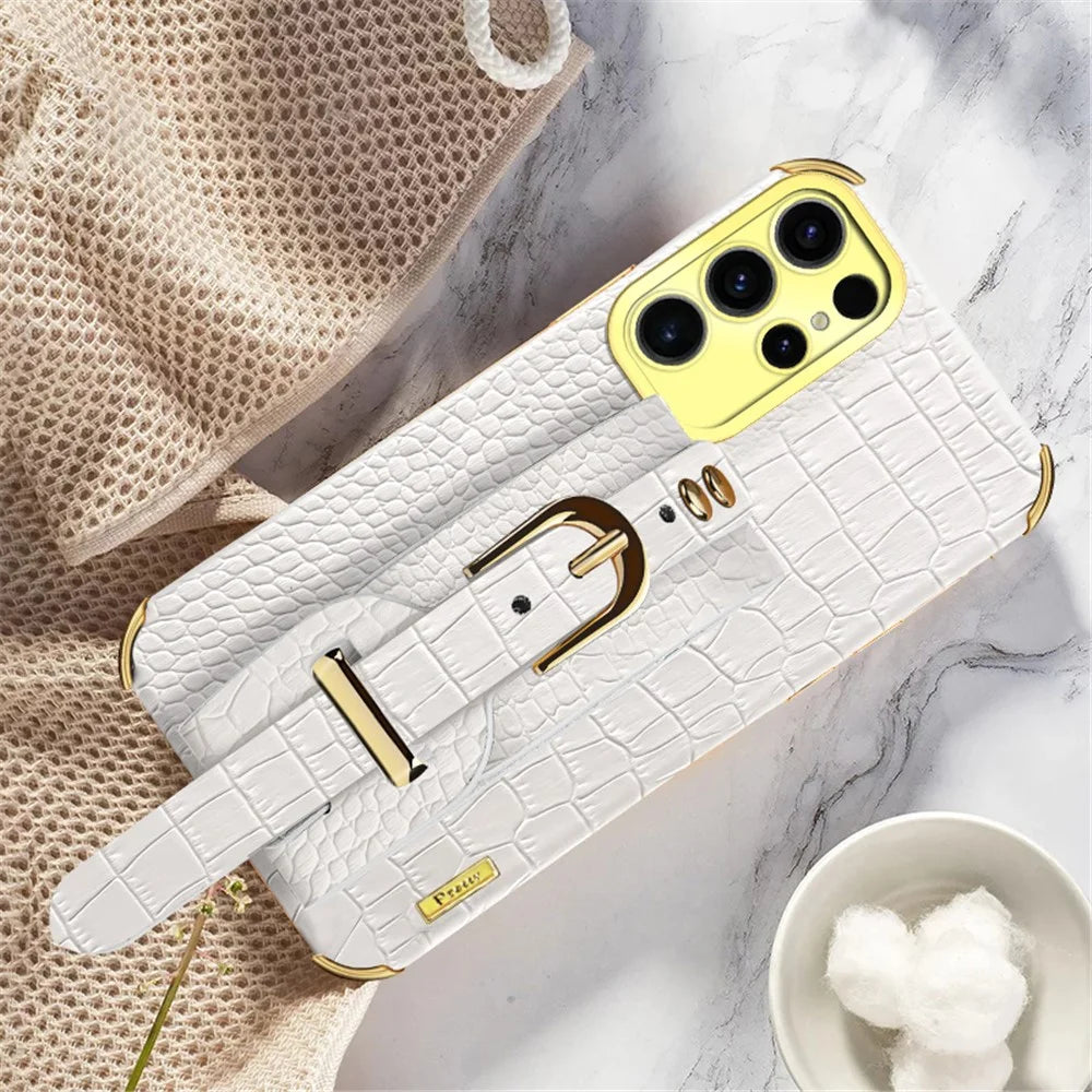 For Samsung Galaxy S25 Ultra Case Wristband Kickstand Crocodile Texture PU + TPU Electroplating Phone Cover - White - 2